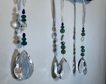 3 Chandelier Crystals, Vintage Crystals, 6 med crystals, and beads they hang beautifully Made in USA