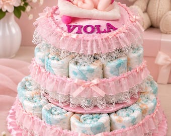 Torta di pannolini per bimba personalizzata – Regalo nascita – Baby Shower