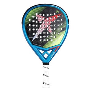 May include: A blue, black, and green padel racket featuring a perforated surface with a large white X graphic. The frame is labeled Drop Shot, Yukon Pro 2.0, and LCP. The handle is wrapped in a white grip with the black Drop Shot logo printed repeatedly.