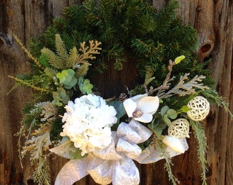 Christmas Wreath, White Hydrangea Wreath, Magnolia Wreath, Pine Wreath, Holiday Wreath