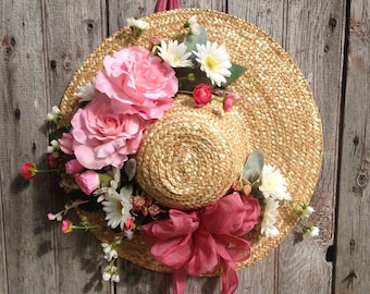 Garden Hat, Summer Hat, Spring Straw Hat with Pink Roses, Wreath Alternative, Front Door Decor, Garden Accessory,  Spring Garden Hat, Easter