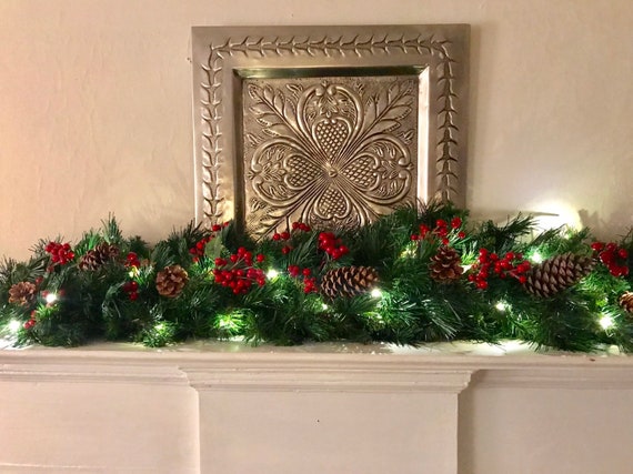 Christmas Garland Christmas Mantle Garland Red Berries Pine | Etsy