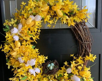 Forsythia Wreath, Tulip Wreath, Yellow and White Tulip Wreath, Spring Wreath, Easter Decor, Mother's Day, Front Door Decor