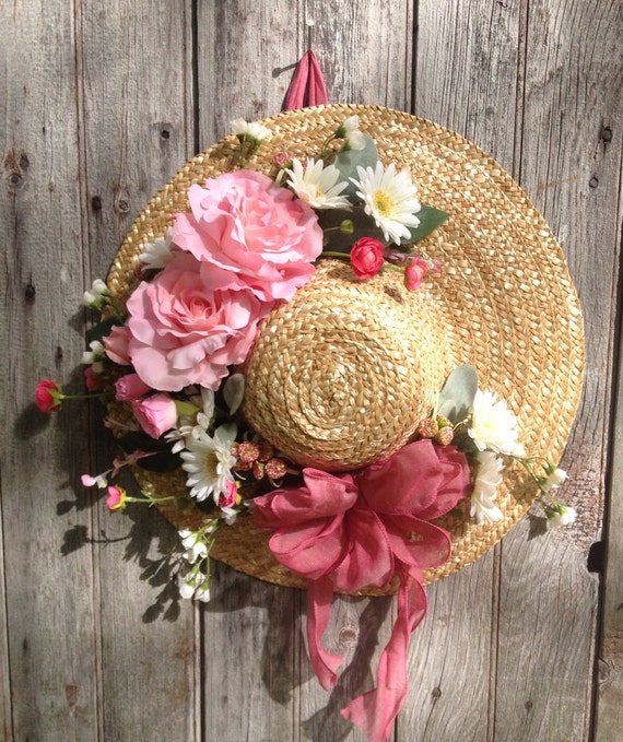 Garden Hat, Summer Hat, Spring Straw Hat With Pink Roses, Wreath
