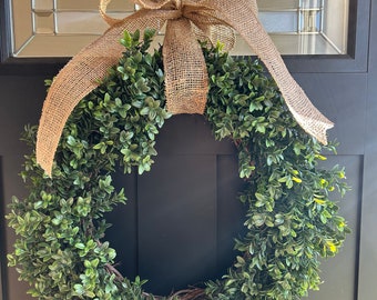 Boxwood Wreath, Farmhouse Wreath, Spring Wreath, Summer Wreath, Boxwood with Burlap Bow, Mother's Day