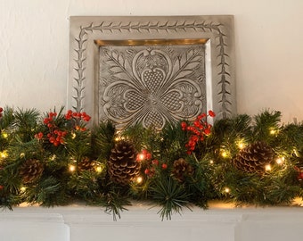 Christmas Garland, Christmas Mantle Garland, Red Berries, Pine Cones, Staircase Garland, Fireplace Swag,
