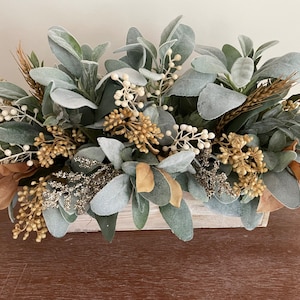 Fall Centerpiece, Farmhouse Arrangement Lambs Ear Centerpiece, Berry Centerpiece, Farmhouse Centerpiece. Planter Box with Lambs Ear