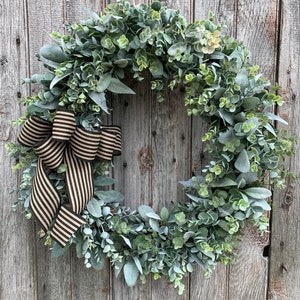 Farmhouse Wreath: Lambs Ear & Eucalyptus with Striped Bow