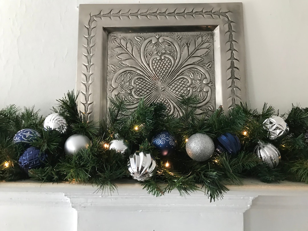 Christmas Garland , Blue and Silver Mantle Garland, Holiday Mantle