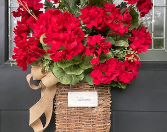 Geranium Basket, Wreath Alternative, Red Geranium Basket, Summer Decor, Summer Basket