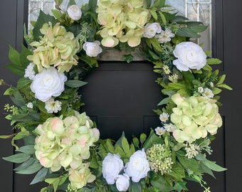 Hydrangea Wreath,  Farmhouse Wreath, Front Door Decor, Spring Wreath, Light Green Hydrangea Wreath, Summer Wreath, Shabby Chic