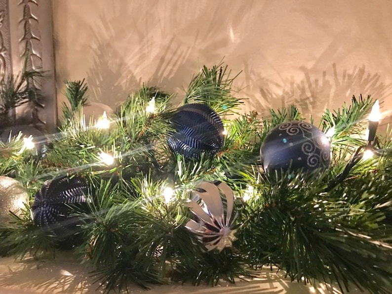 Christmas Garland Blue and Silver Mantle Garland Holiday Etsy