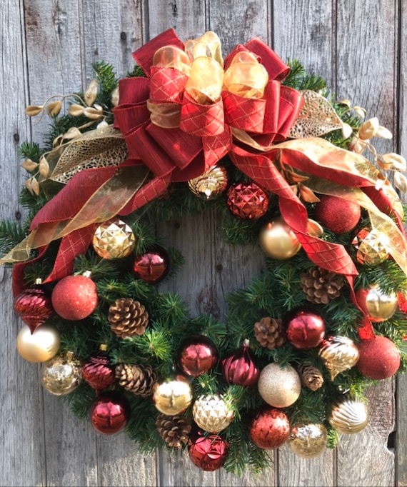 Christmas Wreath, Ornament Wreath, Burgundy, Platinum Ornaments, Front Door Decor