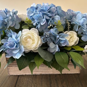 Hydrangea Arrangement, Blue Hydrangea Centerpiece, Wood Box Planter, Wedding Arrangement