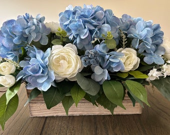 Hydrangea Arrangement, Blue Hydrangea Centerpiece, Wood Box Planter, Wedding Arrangement