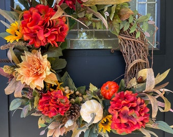 Autumn Wreath, Fall Wreath, Hydrangea Wreath, Farmhouse Decor, Front Door Wreath