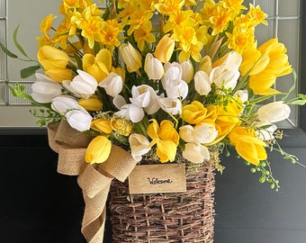 Daffodil Spring Basket, White Tulip, Welcome Spring Basket, Mother's Day, Front Door Decor, Spring Wreath, Wreath Alternative, Rustic Decor