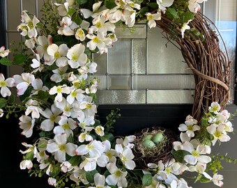 Dogwood Spring Wreath: Rustic Grapevine with Bird&#39;s Nest