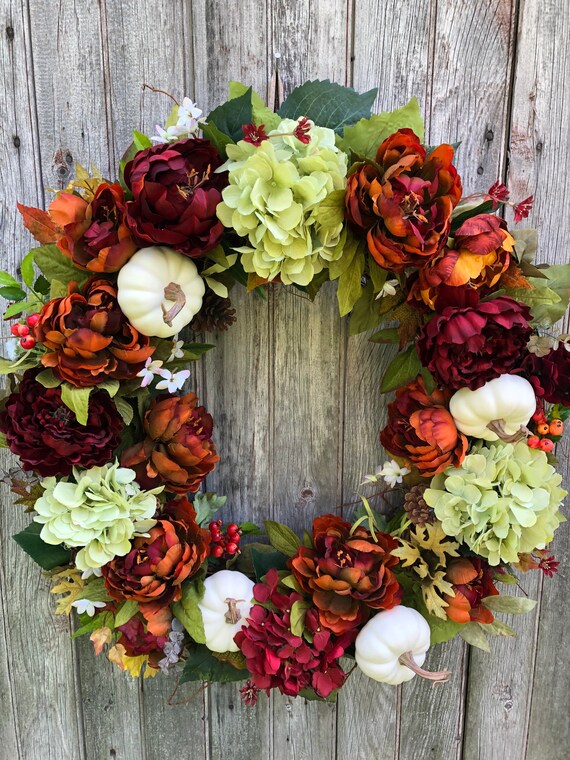 Pumpkin & Peony Fall Wreath With Orange Bow – Thanksgiving Door Décor