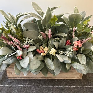 Lambs Ear Farmhouse Centerpiece: Berry Arrangement in Planter Box