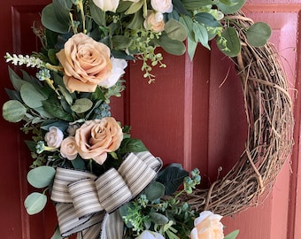 Eucalyptus Wreath, Neutral Farmhouse Decor,  Farmhouse Wreath, All Season Wreath, Rose Wreath