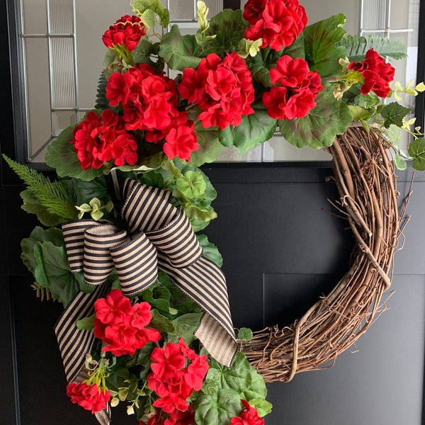 Geranium Wreath, Summer Wreath, All Season Wreath, Front Door Decor, Red Geranium Wreath