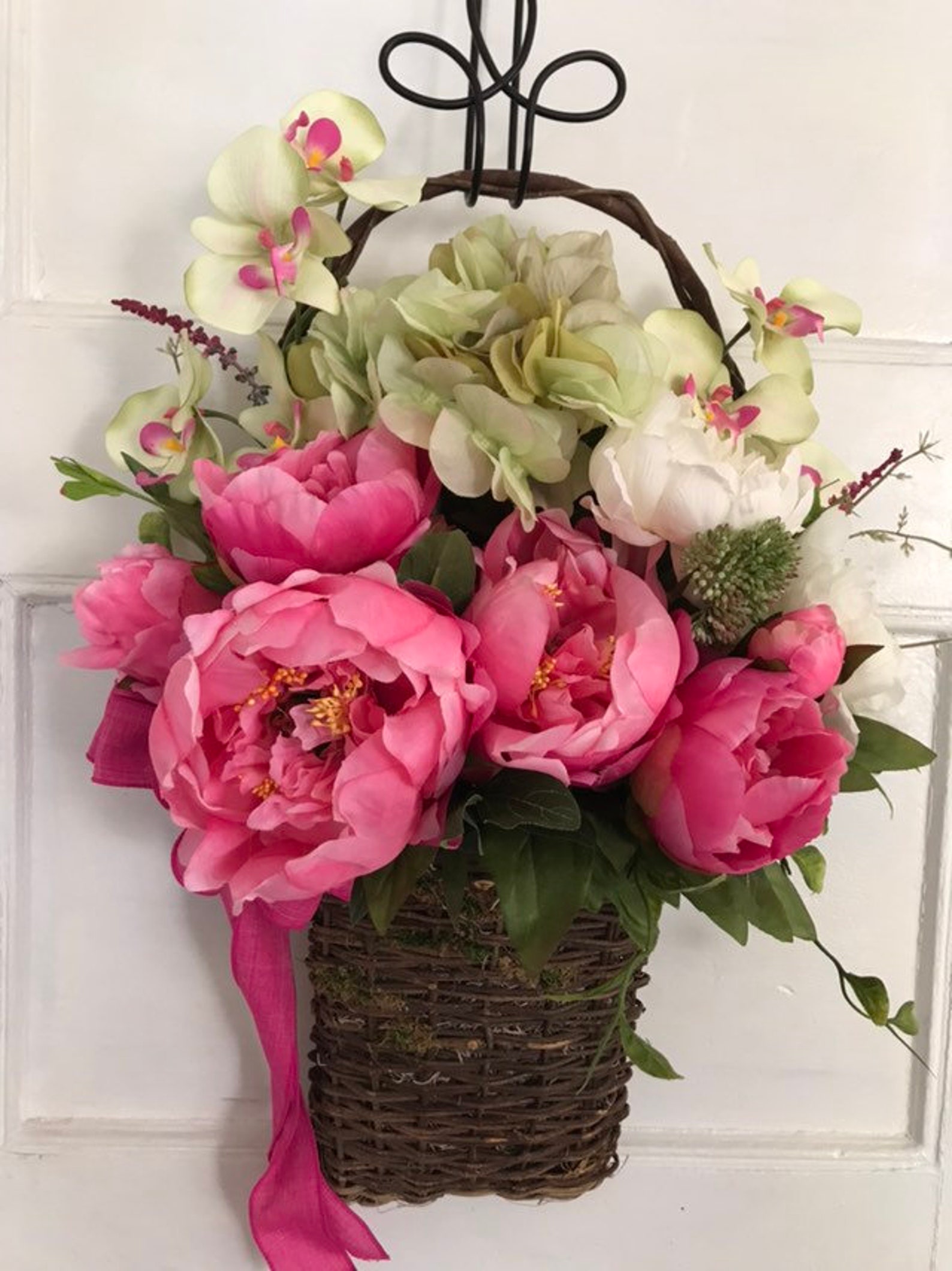 Peony Hydrangea Basket Flat Wall Basket Front Door Spring Etsy