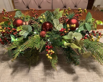 Christmas Centerpiece, Winter Greens, Pinecone Centerpiece, Ornament Centerpiece, Faux Greens