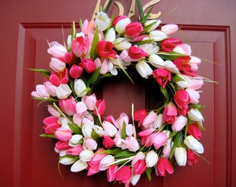 Pink and White Tulip Wreath: Spring Grapevine Wreath