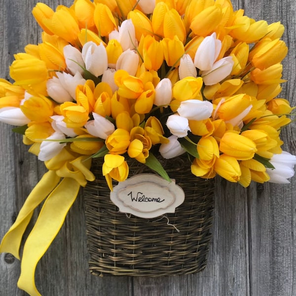 Tulip Wreath, White Tulip Welcome Basket, Spring, Summer Tulip Front Door Basket, Wreath Alternative