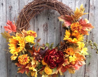 Fall Wreath, Fall Front Door Wreath,Autumn Decor, Harvest Front Door, Thanksgiving Decor. Sunflower Wreath