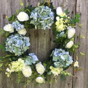 Blue Hydrangea Wreath: Farmhouse Front Door Decor, Spring Summer Wreath