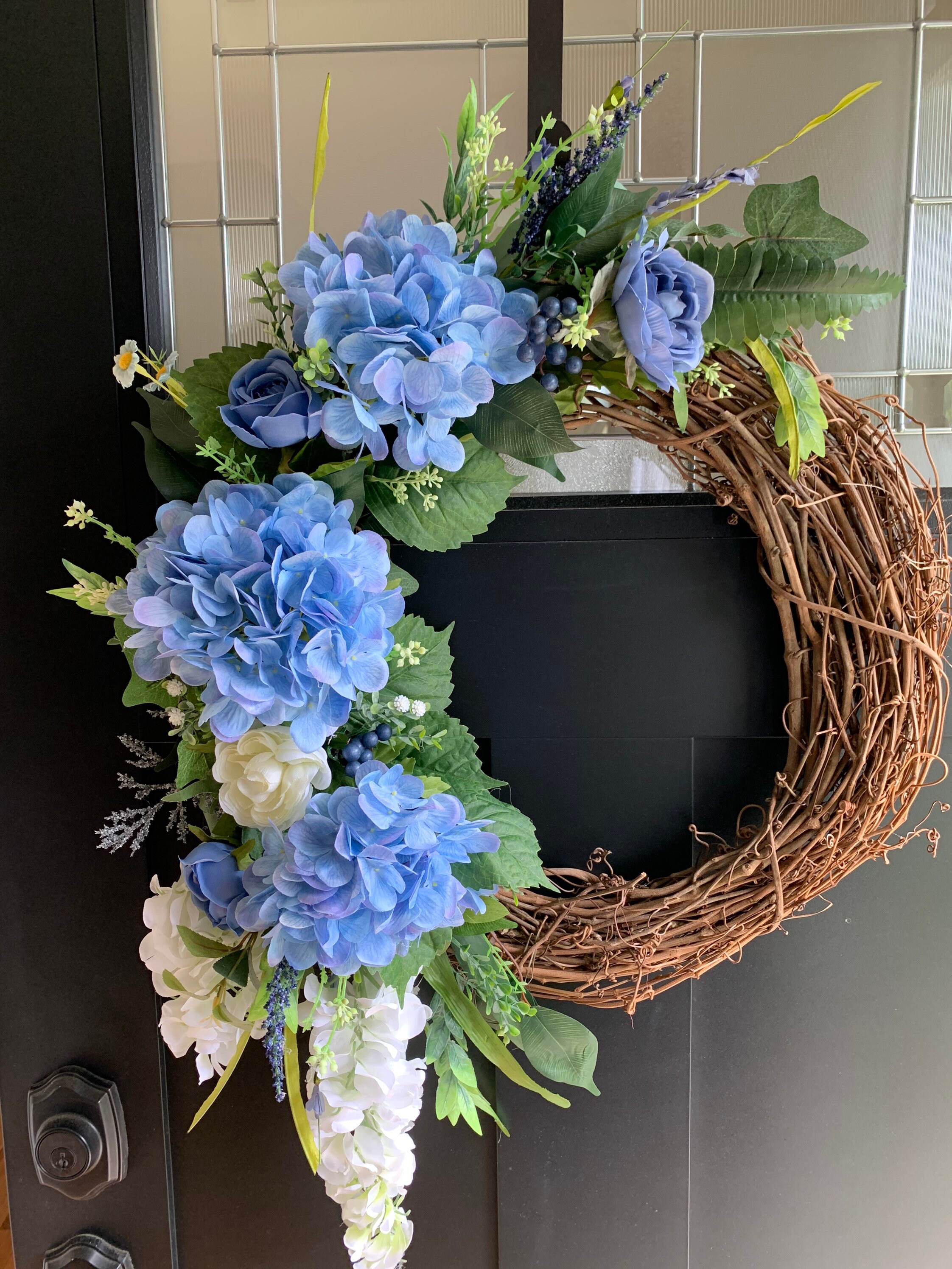 Blue Hydrangea Wreath: Farmhouse Spring Decor, 18” Grapevine Wreath