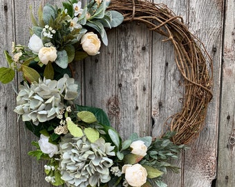 Hydrangea Peony Wreath, Farmhouse Spring Summer Decor