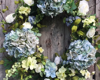 Summer Wreath, Shabby Chic Wreath, Farmhouse Decor, Front Door Decor, Spring Wreath, Blue Hydrangea Wreath, Hydrangea Wreath