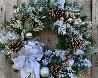Flocked Pine Christmas Wreath, Holiday Wreath, Farmhouse Pine Cone Wreath, Front Door Decor
