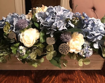 Hydrangea Centerpiece, Blue Hydrangea Arrangement, Farmhouse Wood Box Centerpiece