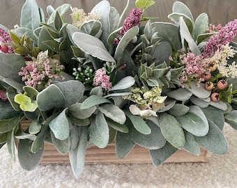 Farmhouse Arrangement Lambs Ear Centerpiece, Berry Centerpiece, Farmhouse Centerpiece. Planter Box with Lambs Ear