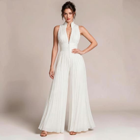 Pleated Wide Leg Jumpsuit, Halter Neck Vacation Outfit, Resort Wear