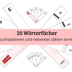 Op de afbeelding: Een set educatieve woordwaaiers met witte papieren stroken voorzien van zwarte letters, cijfers en illustraties van rode broeken. De tekst 20 Wörterfächer, buchstabieren und nebenbei zählen lernen staat in het midden van de waaiers gedrukt.