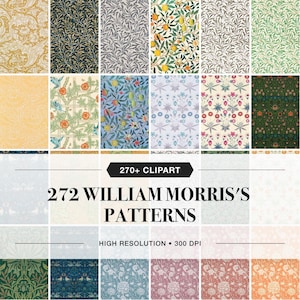 May include: A digital collection of 272 William Morris patterns featuring various floral, botanical, and fruit motifs in diverse color palettes. The text 270+ CLIPART 272 WILLIAM MORRIS'S PATTERNS HIGH RESOLUTION 300 DPI is displayed centrally.