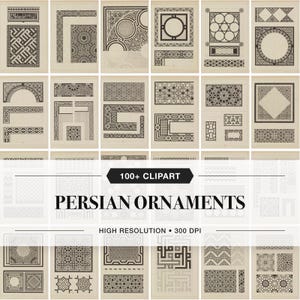 May include: A collection of black and white graphic patterns and geometric designs arranged in a grid. The image features the text 100+ CLIPART PERSIAN ORNAMENTS HIGH RESOLUTION 300 DPI. The designs include intricate borders, squares, and circles.