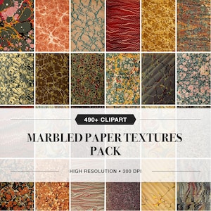 May include: A digital collection of 490+ marbled paper textures featuring diverse patterns and colour palettes including red, gold, green, and black. The image displays a grid of various marbled designs with text reading 490+ CLIPART MARBLED PAPER TEXTURES PACK HIGH RESOLUTION 300 DPI.