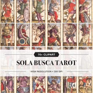 May include: A collection of Sola Busca Tarot cards featuring historical figures in colorful Renaissance-style attire, armor, and weaponry. The grid displays over 70 clipart illustrations with the text 70+ CLIPART SOLA BUSCA TAROT HIGH RESOLUTION 300 DPI.
