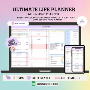 Puede incluir: Un planificador de vida digital mostrado en una computadora portátil, tableta y pantalla de teléfono inteligente. La interfaz incluye secciones para un tablero, rastreador de hábitos, presupuesto, lista de tareas y planificador de comidas.