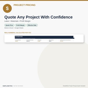 May include: A digital project pricing calculator template featuring the text Project Pricing, Quote Any Project With Confidence, Labor, Materials, Profit Margin, Quote Price, Effective Rate, Works in Excel + Google Sheets, and a dashboard preview.