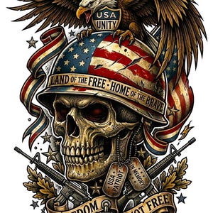 May include: A graphic illustration featuring a skull wearing a helmet decorated with the American flag and the text LAND OF THE FREE HOME OF THE BRAVE. Above is a bald eagle with a USA UNITY shield, and below are two rifles, dog tags, and an anchor.