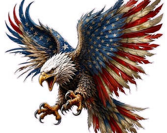 May include: A bald eagle in flight with its wings spread wide, featuring a pattern of the American flag with blue, white stars, and red and white stripes on its feathers. The eagle has a white head, yellow beak, and sharp talons extended forward.