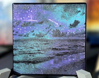 Violet Ocean Sunset Art, Laser-Etched Tile Coaster or Mini Canvas, Hand-Colorized Desk Decor