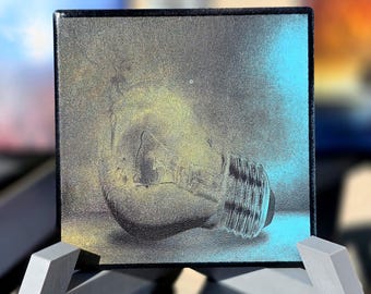 Lightbulb Art, Laser-Etched Tile Coaster or Mini Canvas, Hand-Colorized Desk Decor